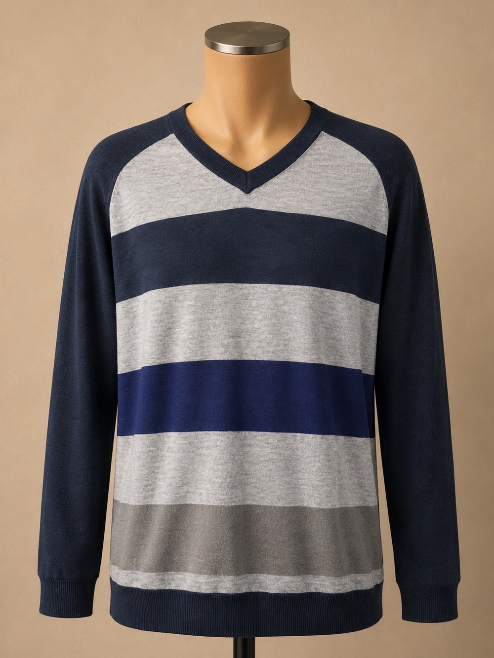 Oakley VTG Men’s Medium Striped Sweater Navy Gray Pullover Knit Crewneck